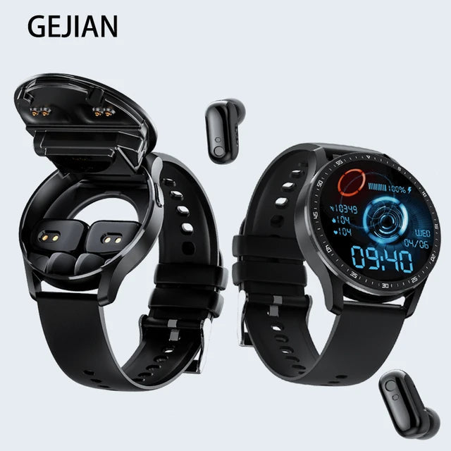 Two smart watches, one with the watch face open and the headphones displayed