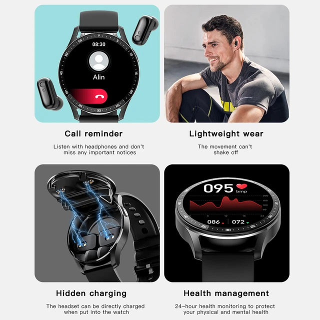 4 pictures tiles on one page. One pic shows the watch face and headphones, another shows a man sitting in workout clothing enjoying his headphones, the other is of the open watch face with electricity graphics going from charger to headphones, the last of the watch face displaying a heart monitor