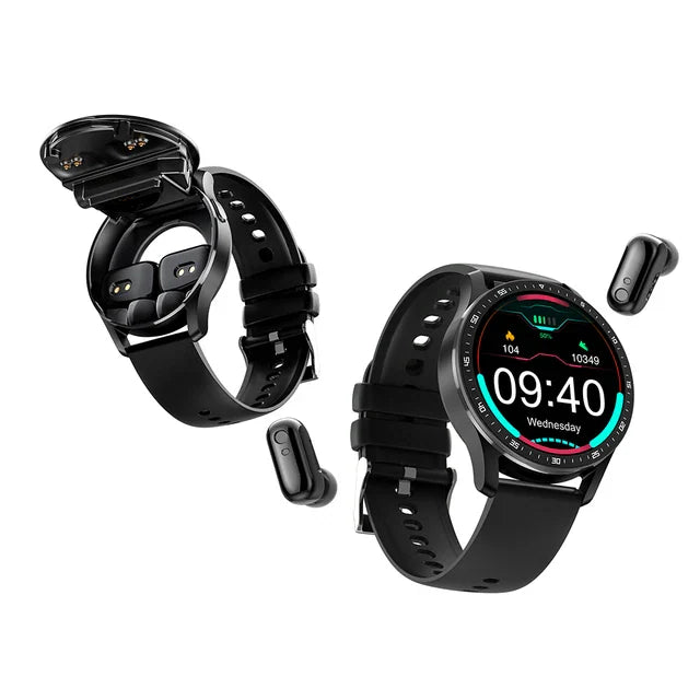 Two smart watches, one with the watch face open and the headphones displayed